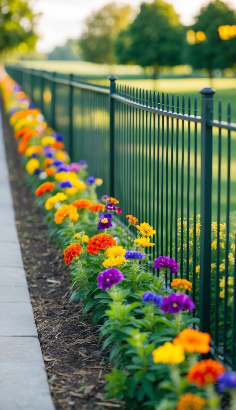 A row of colorful seasonal flowers lines the fence, creating a vibrant and picturesque border for the landscaping