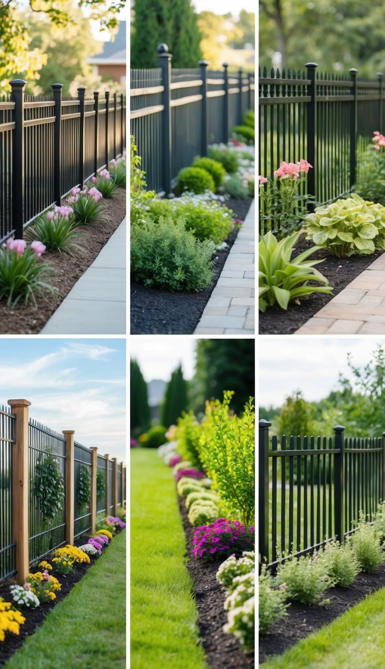 A row of six different fence line landscaping designs, including various plants, flowers, and decorative elements, creating an attractive and diverse border