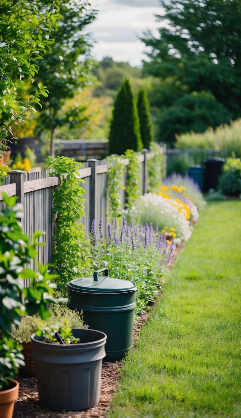 A garden with native plants and flowers lining a fence, surrounded by trees and shrubs, with a compost bin and rain barrel nearby