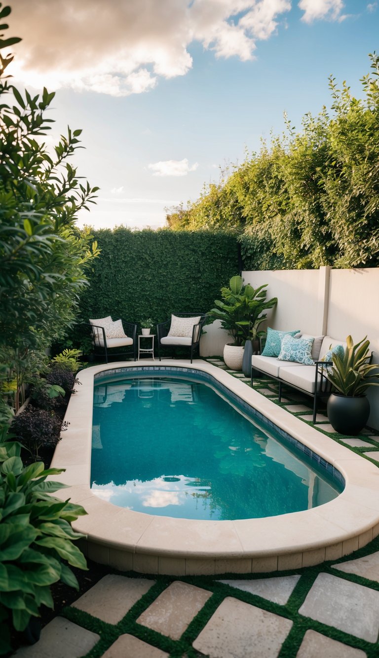A small backyard pool with a tanning ledge, surrounded by lush greenery and a cozy seating area