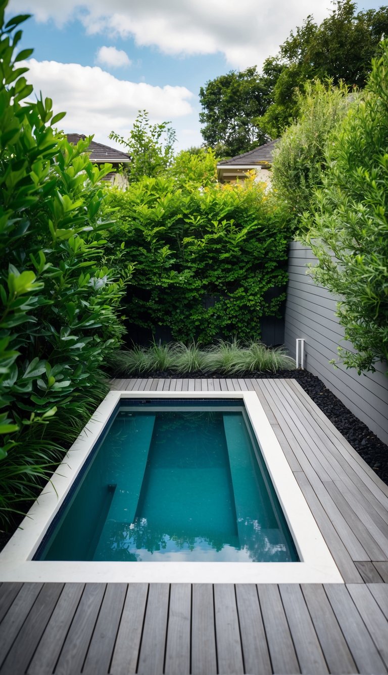A sleek plunge pool nestled in a small backyard, surrounded by lush greenery and modern decking
