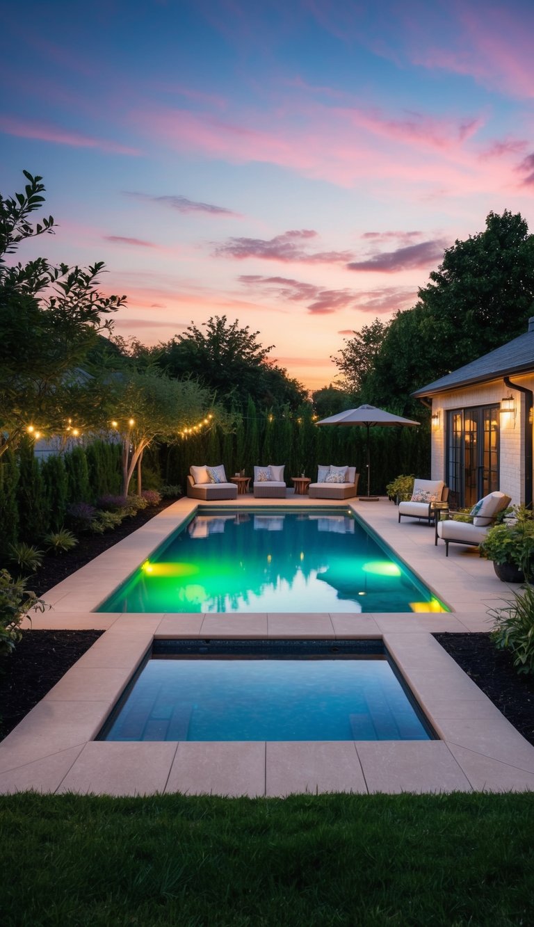 A backyard pool at dusk with color-changing lights installed, surrounded by lush greenery and a cozy seating area