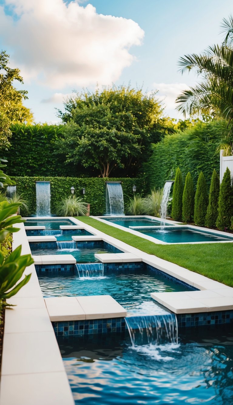 Five small backyard pools surrounded by lush greenery and connected by cascading water features