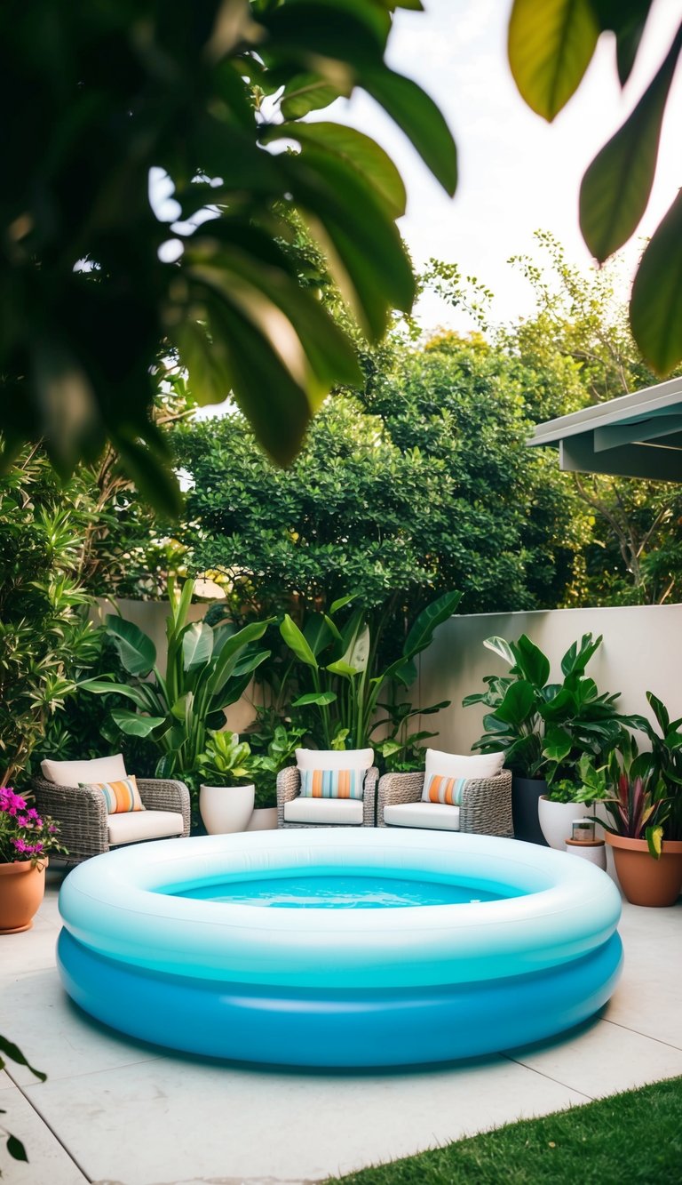 An elegant inflatable pool nestled in a lush backyard oasis, surrounded by modern outdoor furniture and vibrant potted plants
