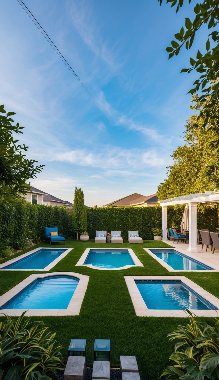 A backyard with 5 small pools of varying shapes and designs, surrounded by lush greenery and outdoor furniture, with a clear blue sky overhead
