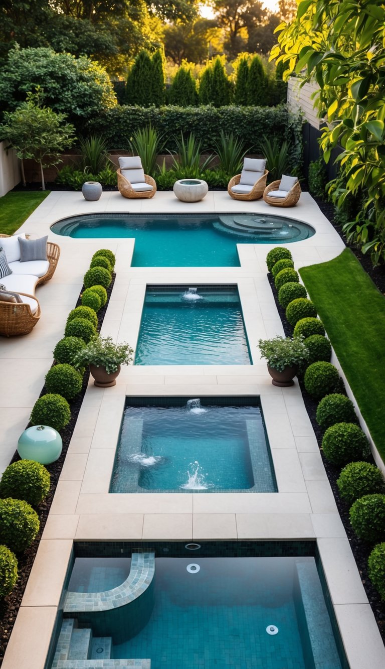 A backyard with 5 unique small pools, each with different designs and features, surrounded by lush greenery and stylish outdoor furniture