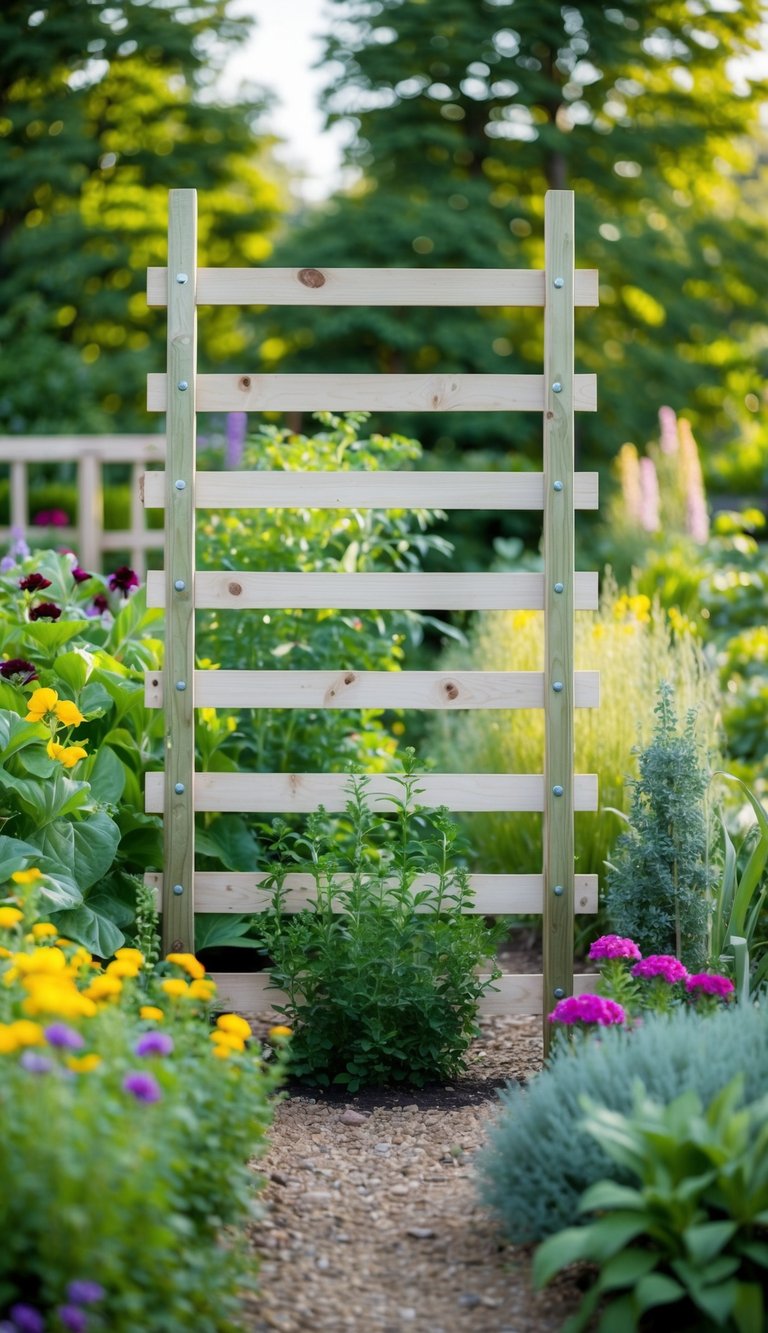 A garden with a creative trellis made from cattle panels, surrounded by various plants and flowers