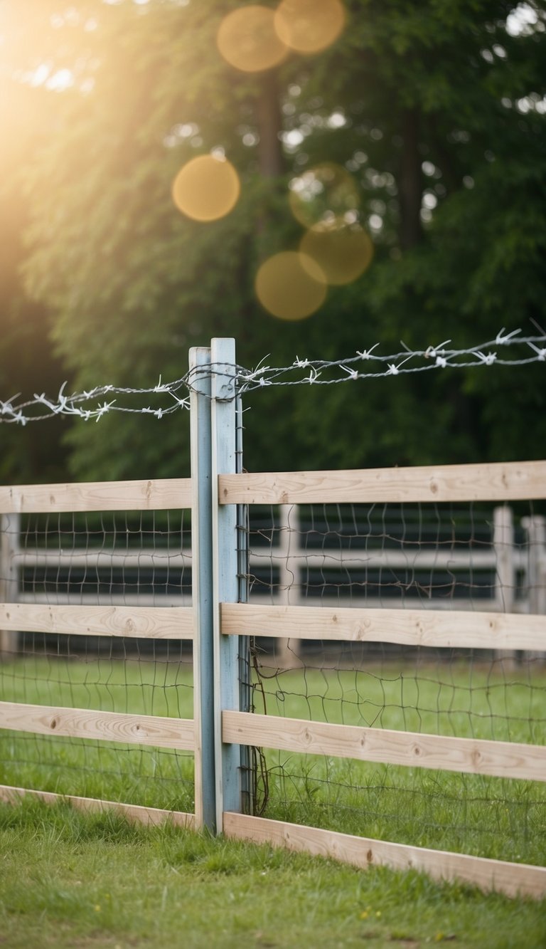 A sturdy cattle panel fence with barbed wire top encloses a secure area