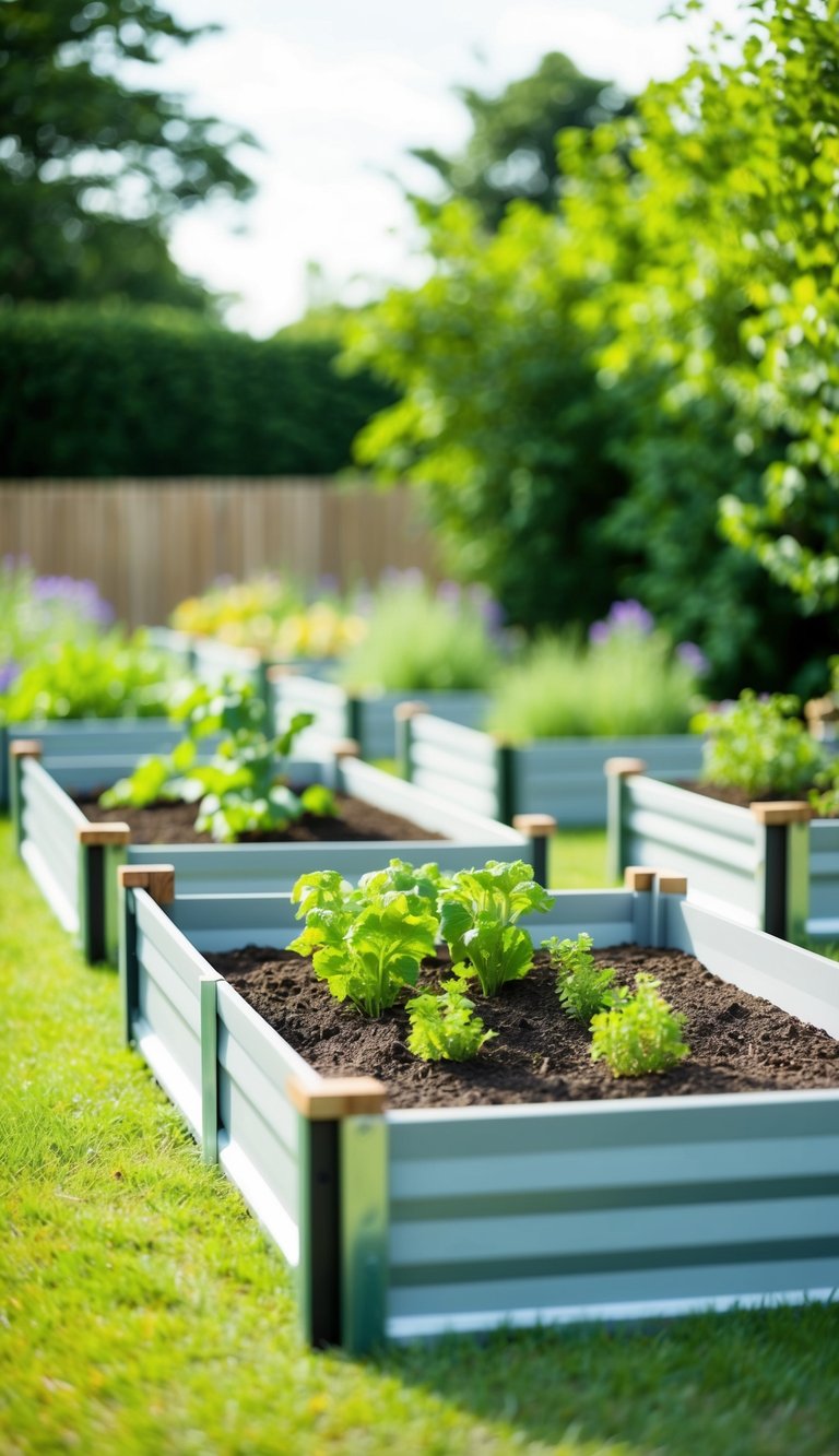 A row of raised garden beds with sturdy cattle panel supports, surrounded by lush greenery