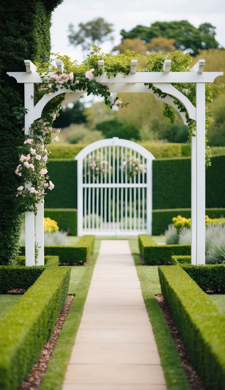 An elegant arbor made of cattle panels stands in a lush garden pathway, adorned with climbing flowers and surrounded by neatly trimmed hedges