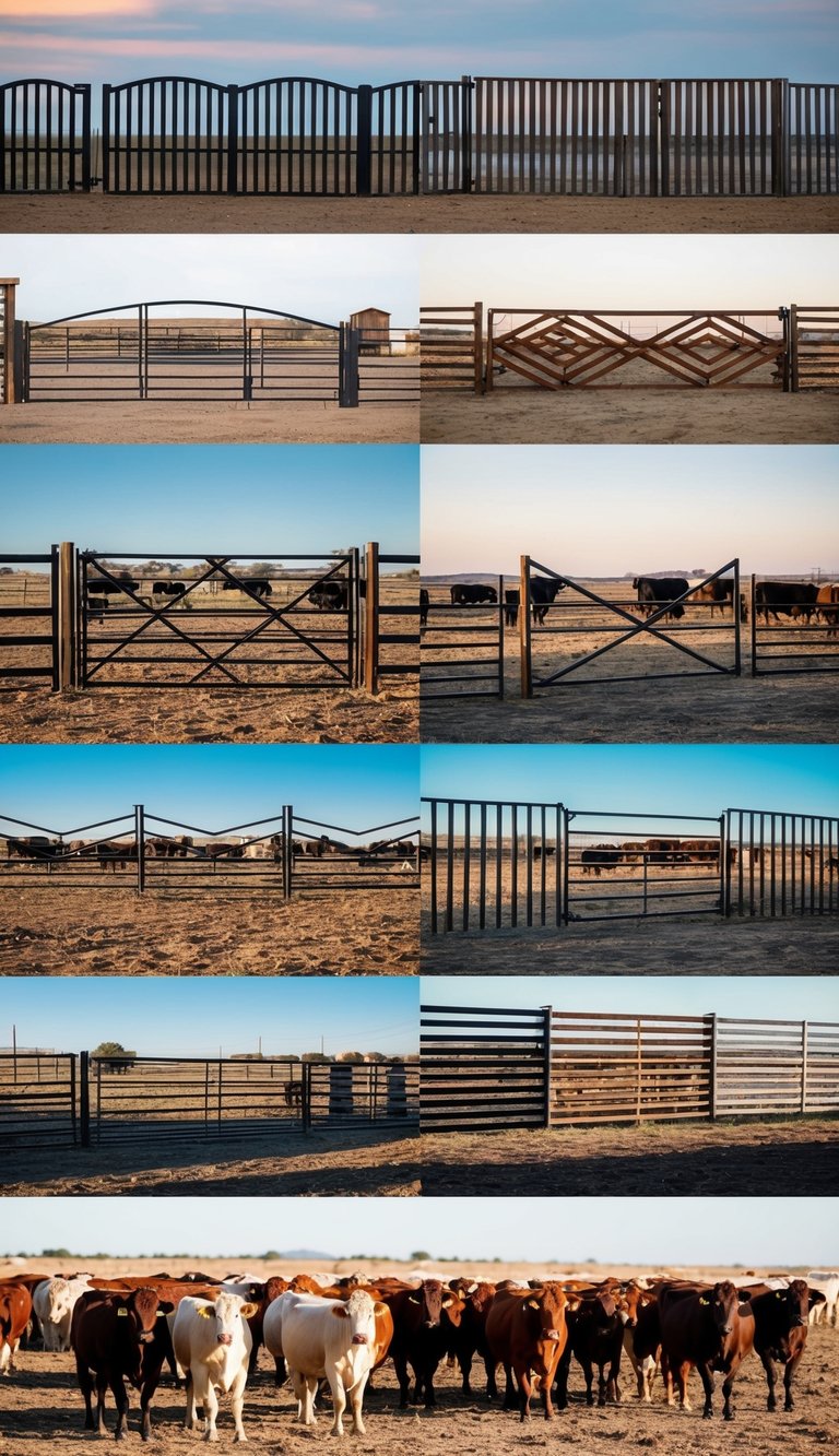 A ranch with 7 different cattle panel fence designs, including arched, zig-zag, and vertical patterns, surrounded by grazing livestock