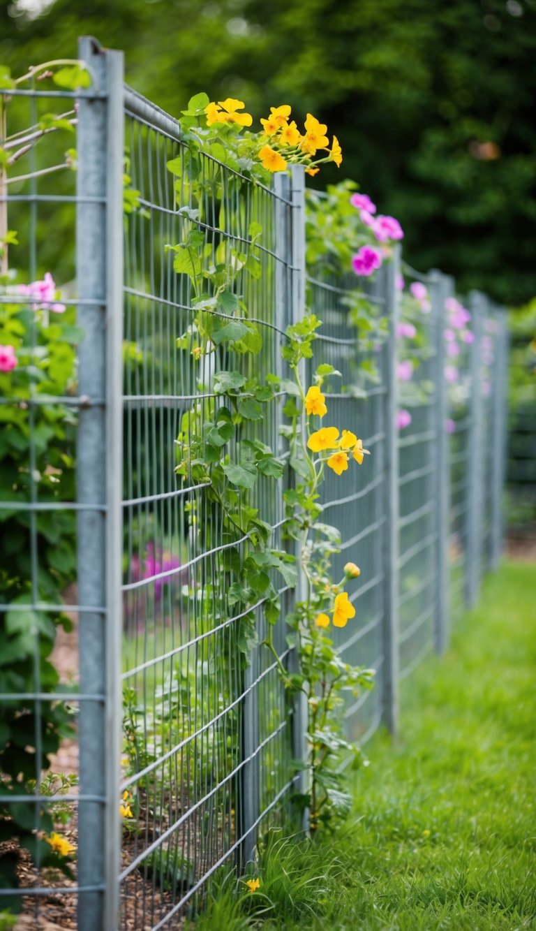 A sturdy cattle panel fence surrounds a garden, with climbing vines and colorful flowers weaving through the metal grid