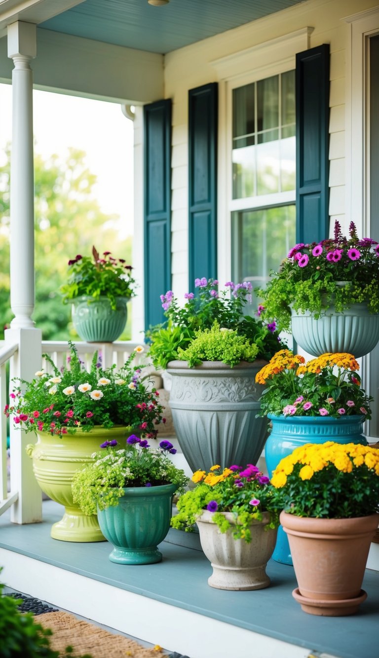 A cozy porch with six unique planters, each overflowing with vibrant flowers and greenery, creating a welcoming and inviting outdoor space