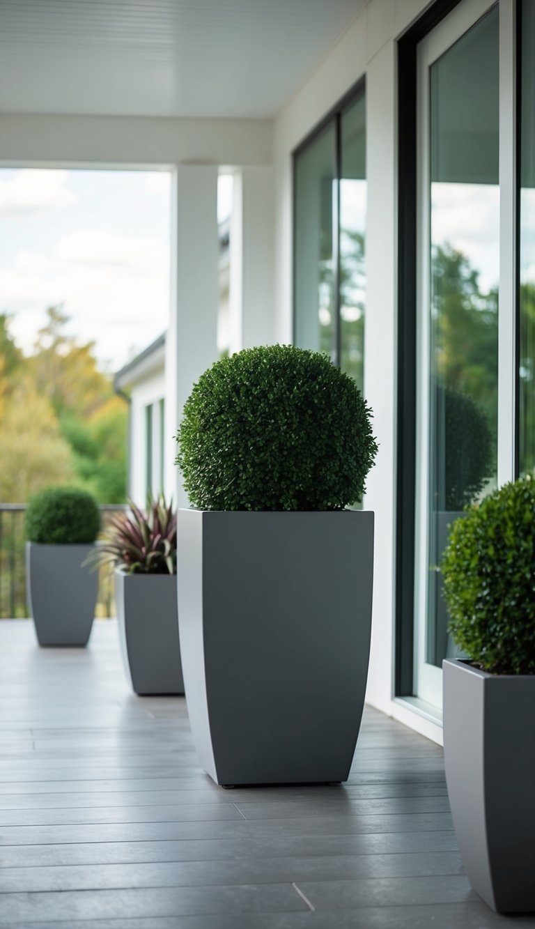 A tall gray square planter sits on a modern porch with sleek, minimalist design. Surrounding it are five other planters, each showcasing a unique and stylish arrangement