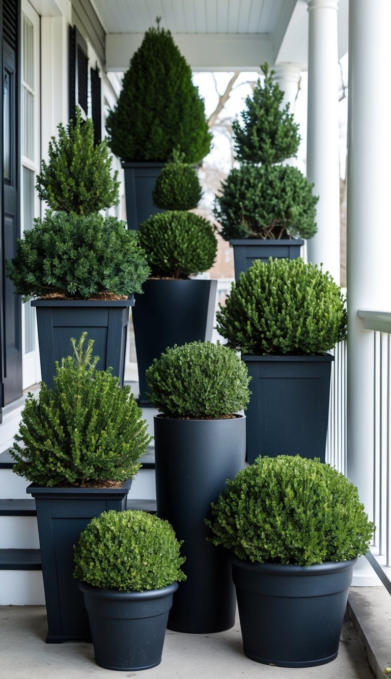 Six porch planters filled with evergreen boxwoods, arranged in various heights and shapes, creating a lush and wintery display