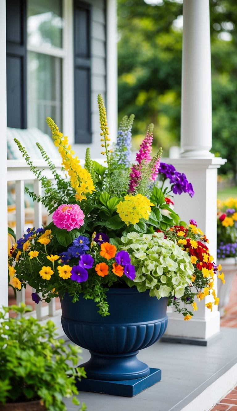 A porch planter featuring a vibrant mix of annual and perennial flowers, creating a colorful and varied display