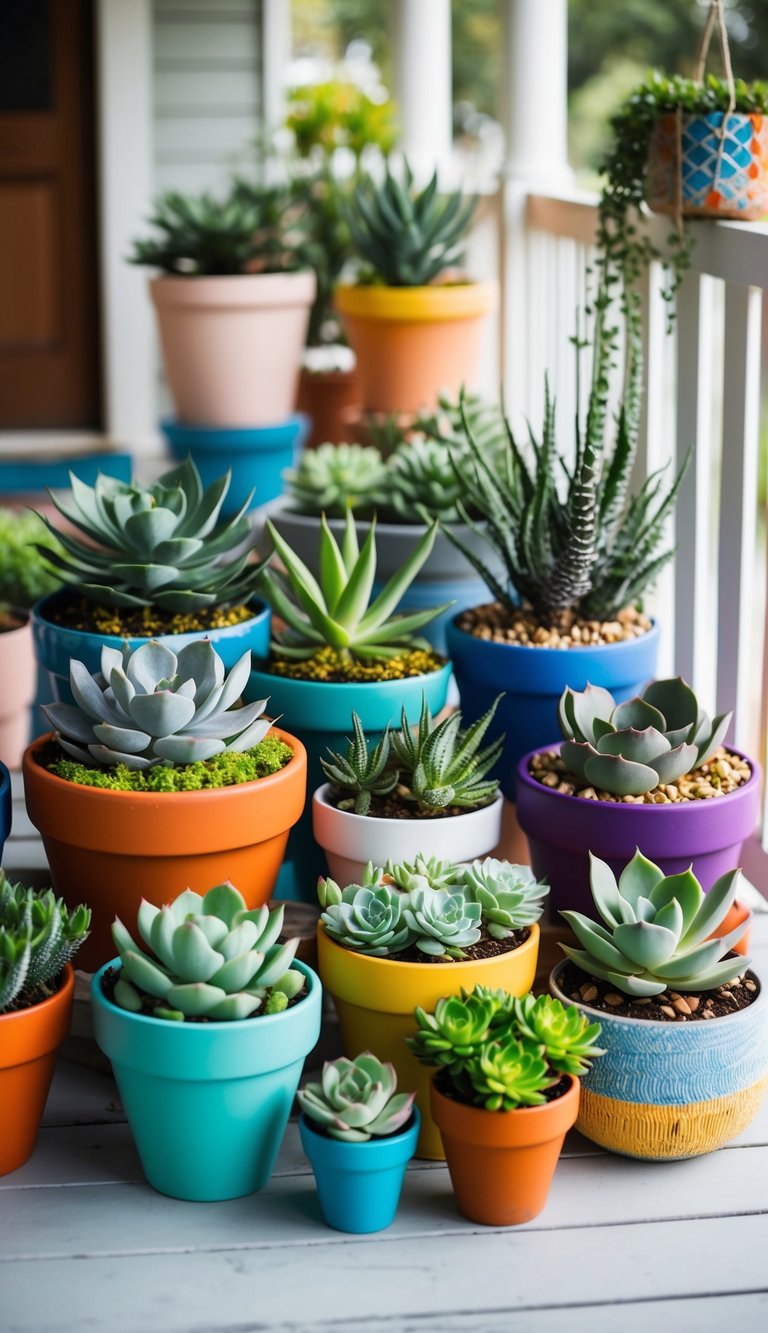A variety of succulents arranged in a mix of colorful pots, displayed on a porch with different planter ideas