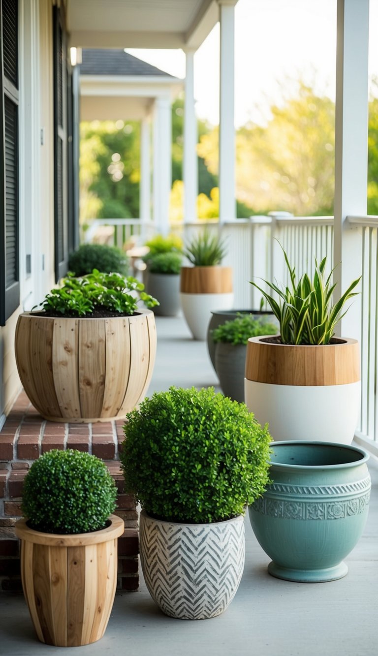 A variety of porch planters made from wood, ceramic, and metal, featuring different designs and sizes, arranged in a sunny outdoor setting