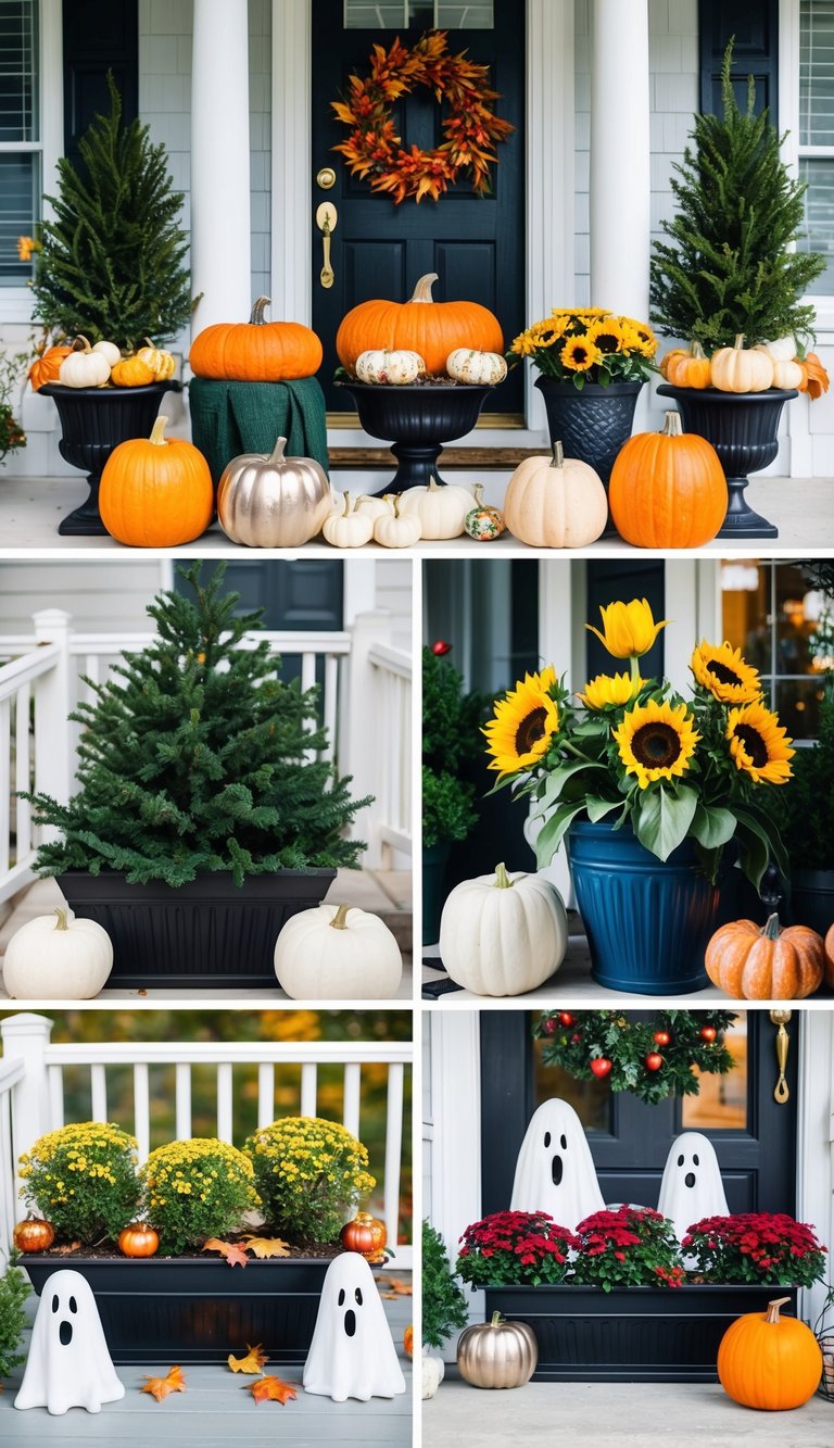 Six porch planters with seasonal decor: fall pumpkins, winter evergreens, spring tulips, summer sunflowers, Halloween ghosts, and Christmas ornaments