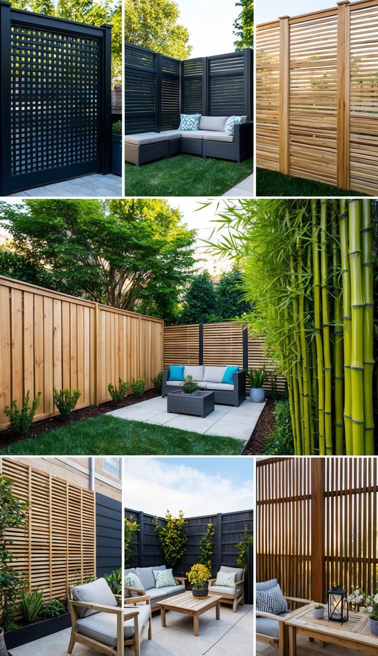 A small backyard with seven different privacy fence designs, including lattice, bamboo, and slatted wood, all surrounding a cozy outdoor seating area