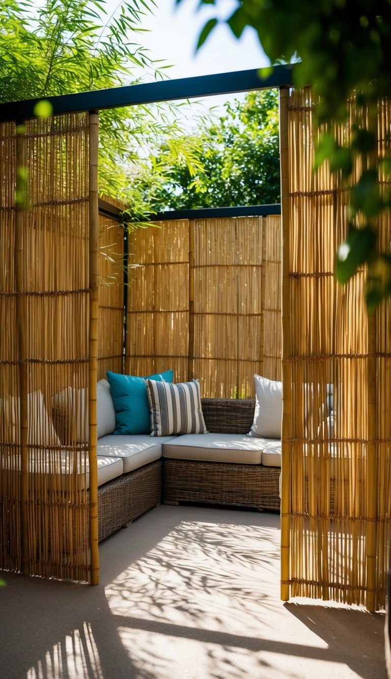 A cozy backyard with reed or bamboo screens creating privacy around a seating area. Sunlight filters through the thin, natural material, casting dappled shadows on the ground