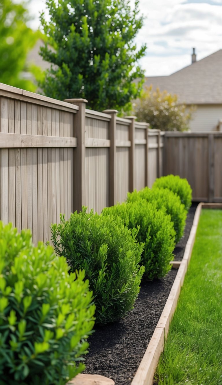 A backyard with podocarpus shrubs planted along a wooden privacy fence, with various budget-friendly design ideas