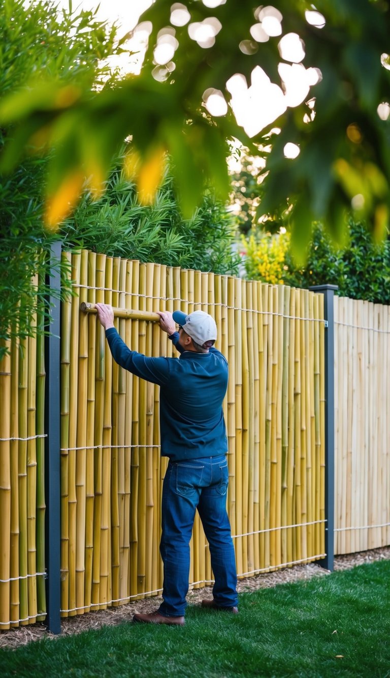 A person installs a bamboo fence in a backyard, surrounded by other budget-friendly privacy fence options