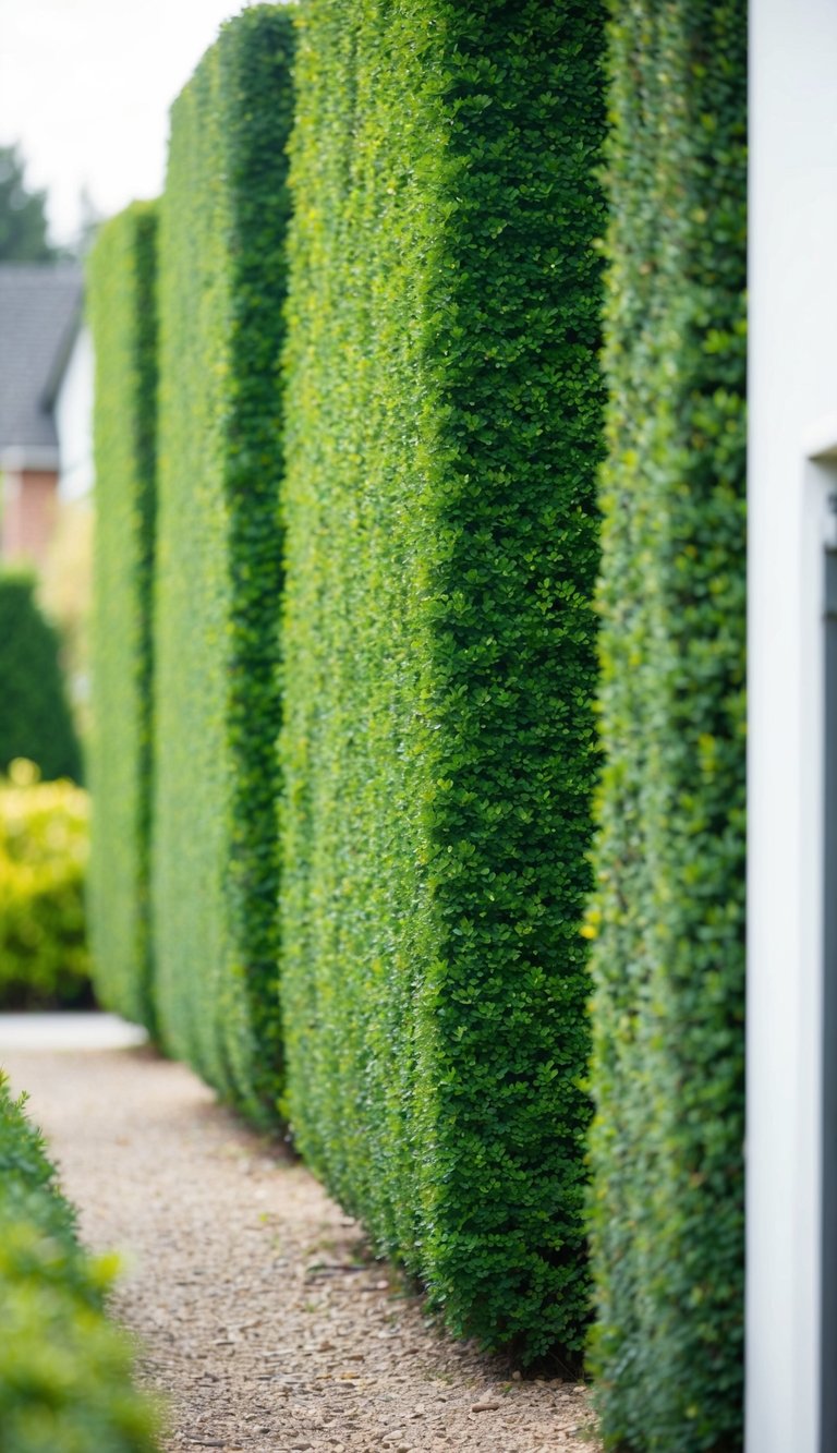 A row of tall, lush hedges forms a natural barrier between two properties, providing privacy and adding a touch of greenery to the landscape