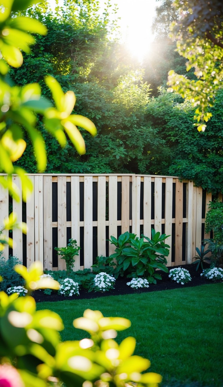 A backyard with a recycled pallet fence, surrounded by lush greenery and flowers. Sunshine filters through the slats, creating a warm and inviting atmosphere