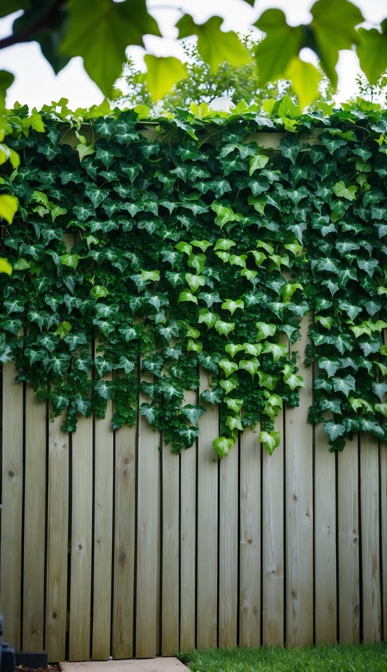 A backyard with a wooden fence covered in artificial ivy, creating a natural and private atmosphere