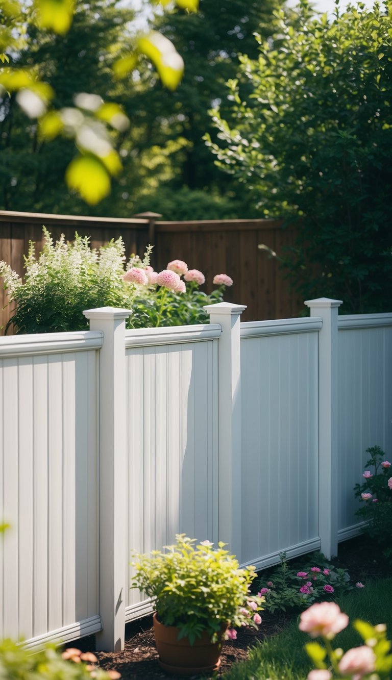 A backyard with vinyl privacy fence panels, surrounded by greenery and flowers. A cozy and private space with various budget-friendly privacy fence ideas