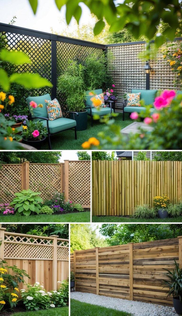 A cozy backyard with various budget-friendly privacy fence designs, including lattice, bamboo, and reclaimed wood, surrounded by lush greenery and colorful flowers