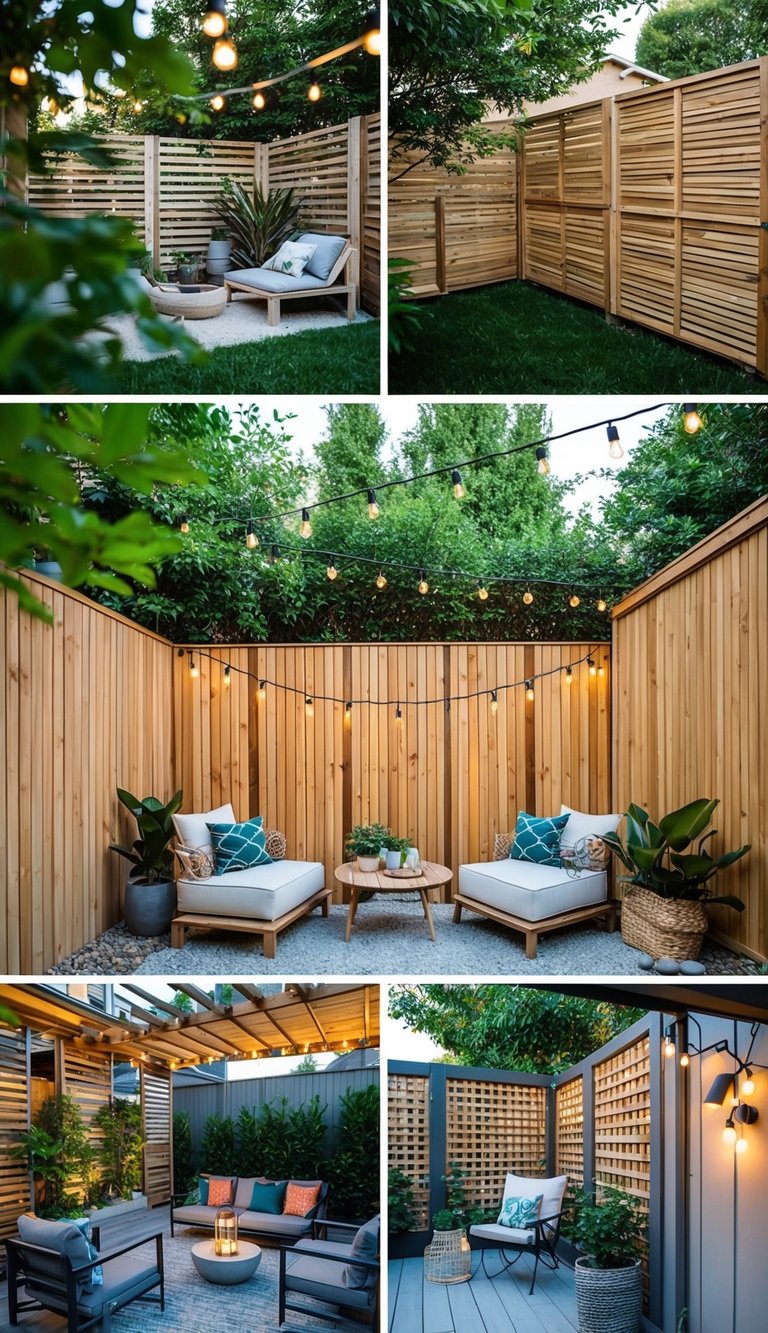 A backyard with various privacy fence designs using affordable materials like bamboo, lattice, or recycled pallets. A cozy outdoor space with greenery and hanging lights