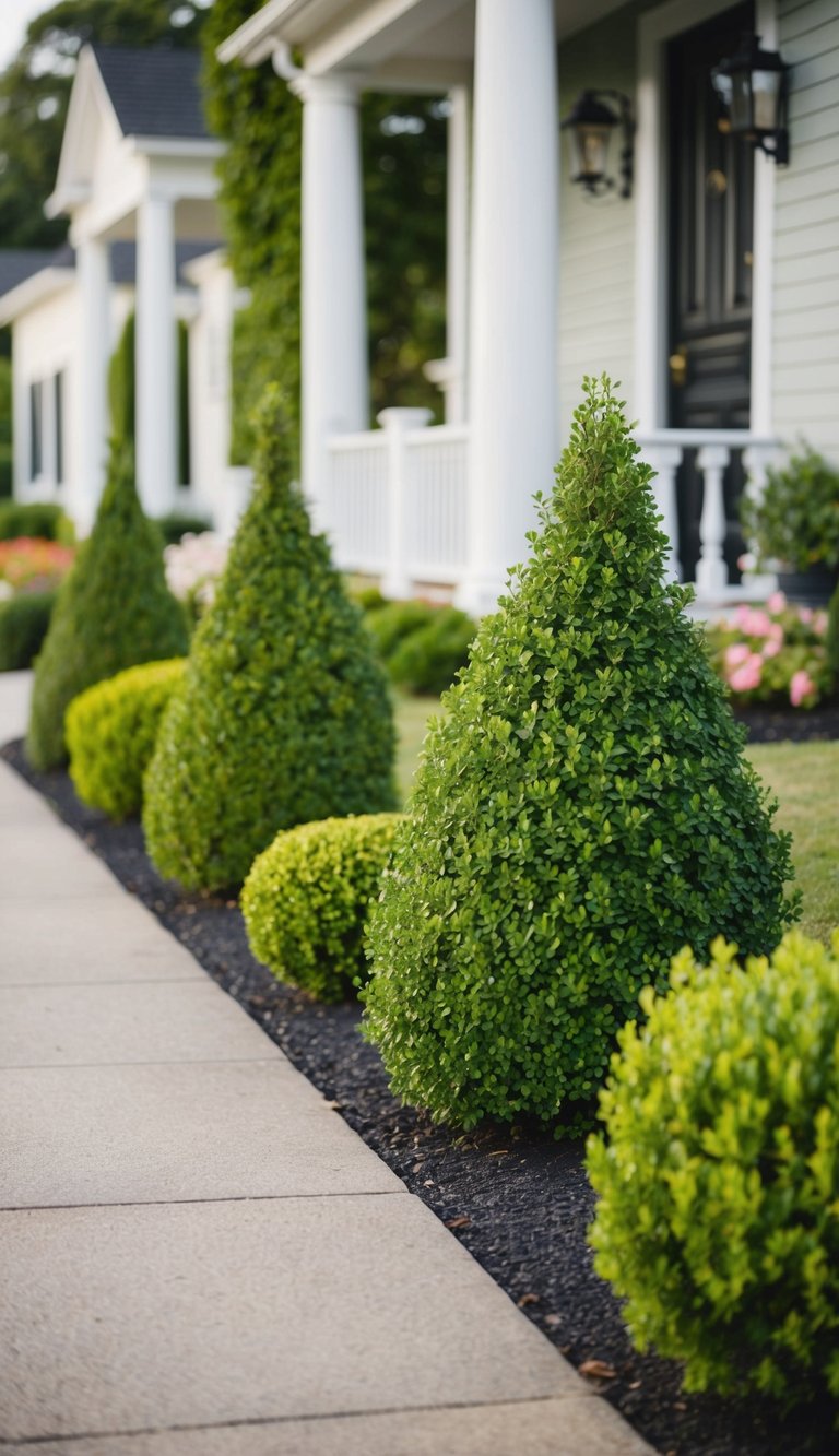 Five shrubs line the path to a charming house, each one varying in size and shape, creating a beautiful and inviting entrance