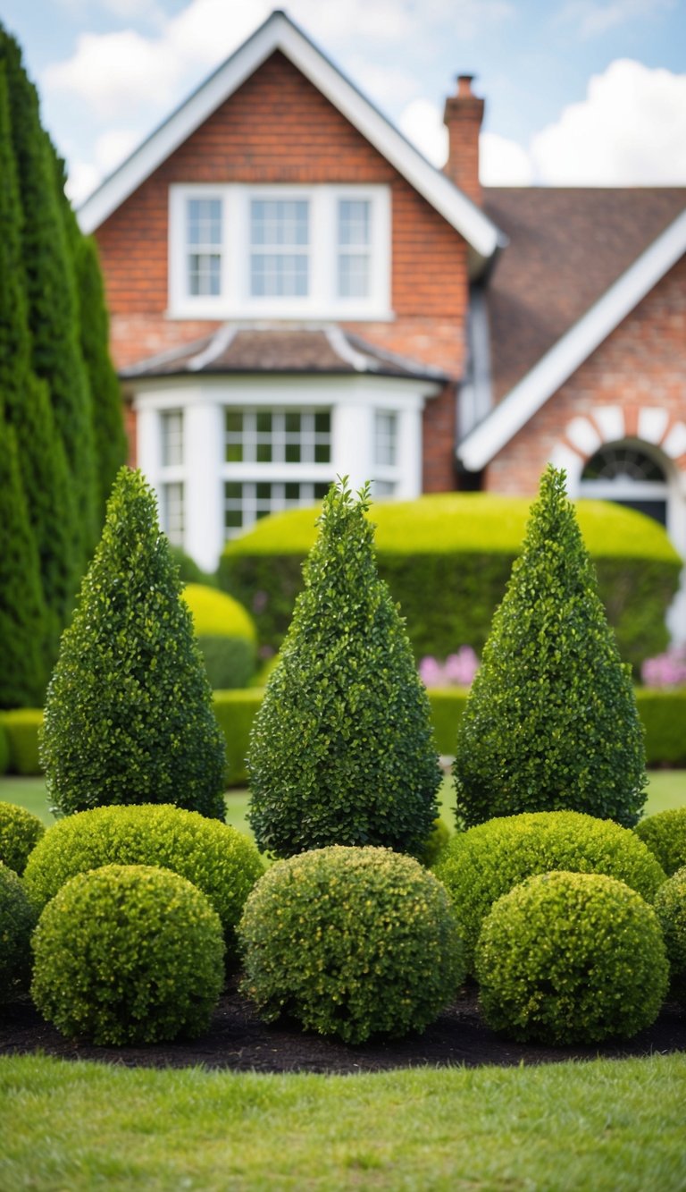 Five Dwarf Boxwood shrubs arranged in front of a charming house, creating a neat and symmetrical garden border