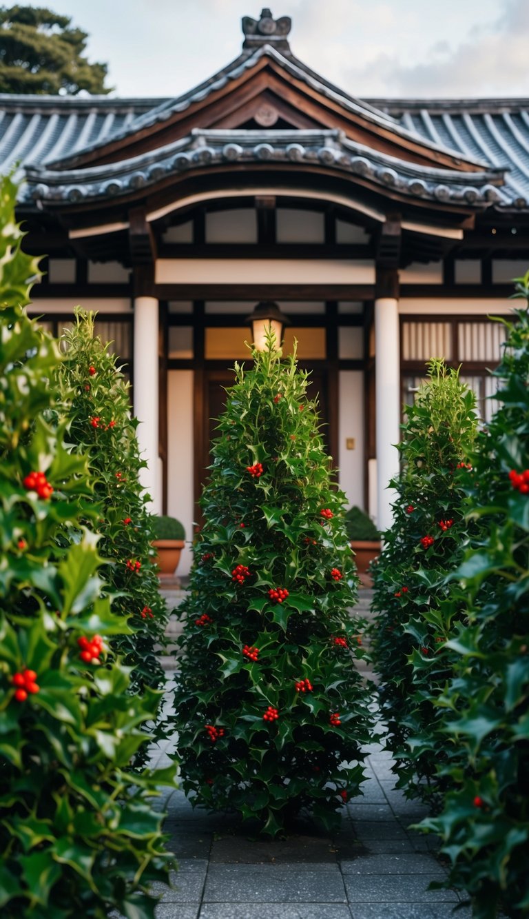 Five Japanese Holly shrubs line the front of a traditional house, creating a lush and inviting entrance