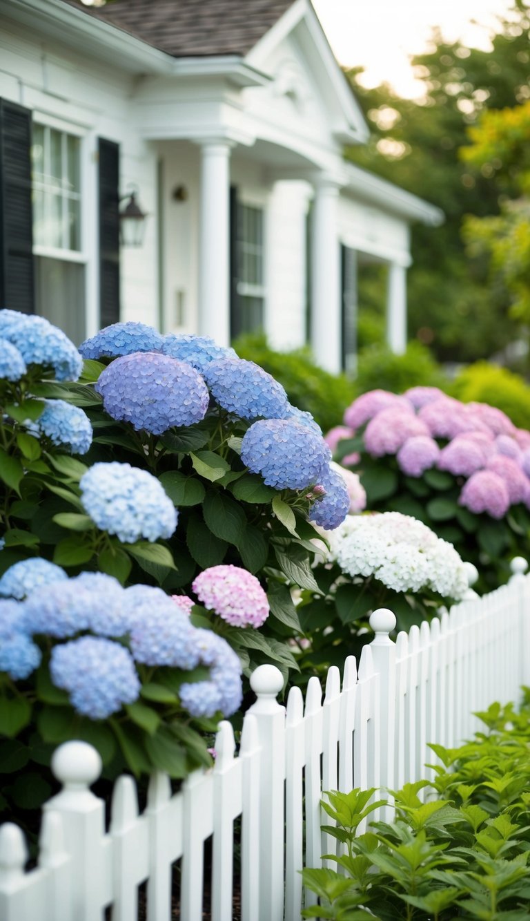 Five lush hydrangea shrubs in full bloom, varying in shades of blue and pink, line the front of a charming white house with a picket fence