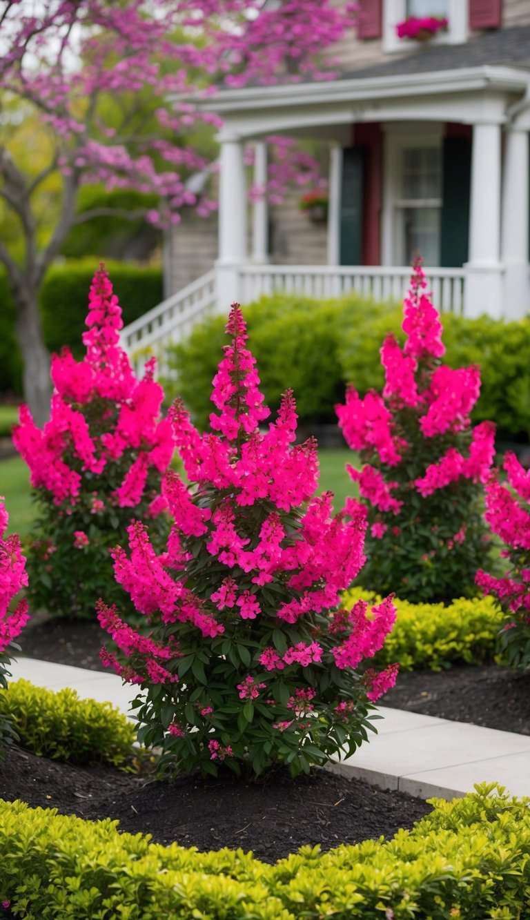 Five weigela shrubs in front of a quaint house, with vibrant pink and red blossoms, surrounded by neatly trimmed green foliage