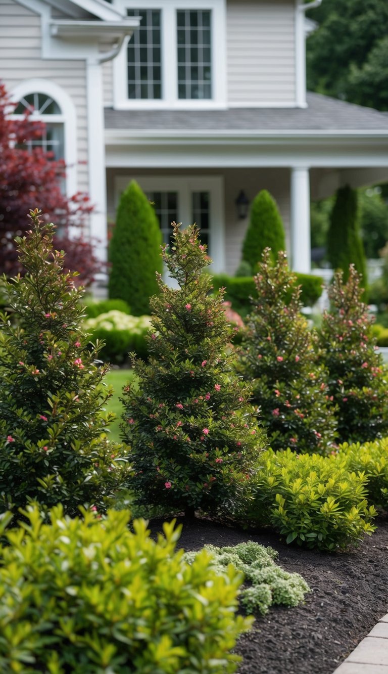 Five Otto Luyken Cherry Laurel shrubs arranged in front of a house, creating a lush and vibrant border