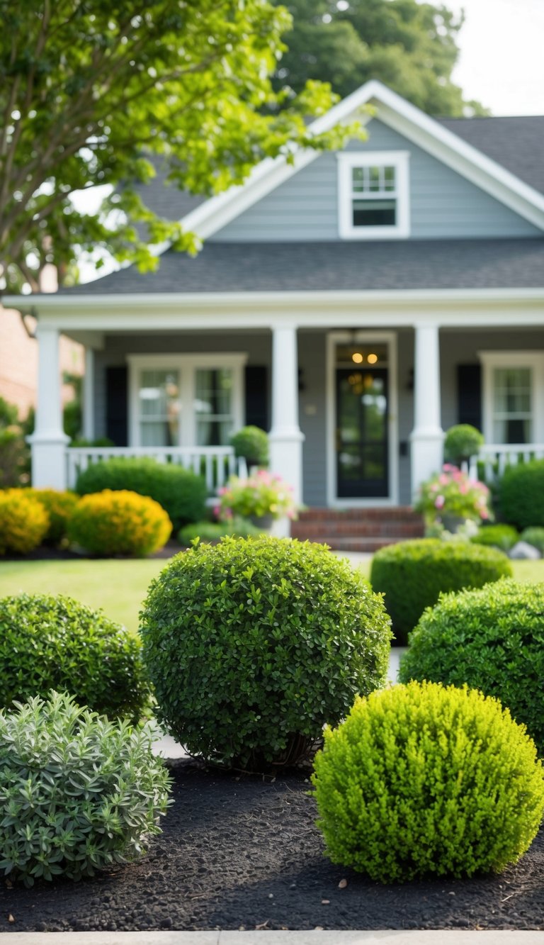 Five different types of shrubs are carefully selected and planted in front of a charming house, adding beauty and curb appeal to the property