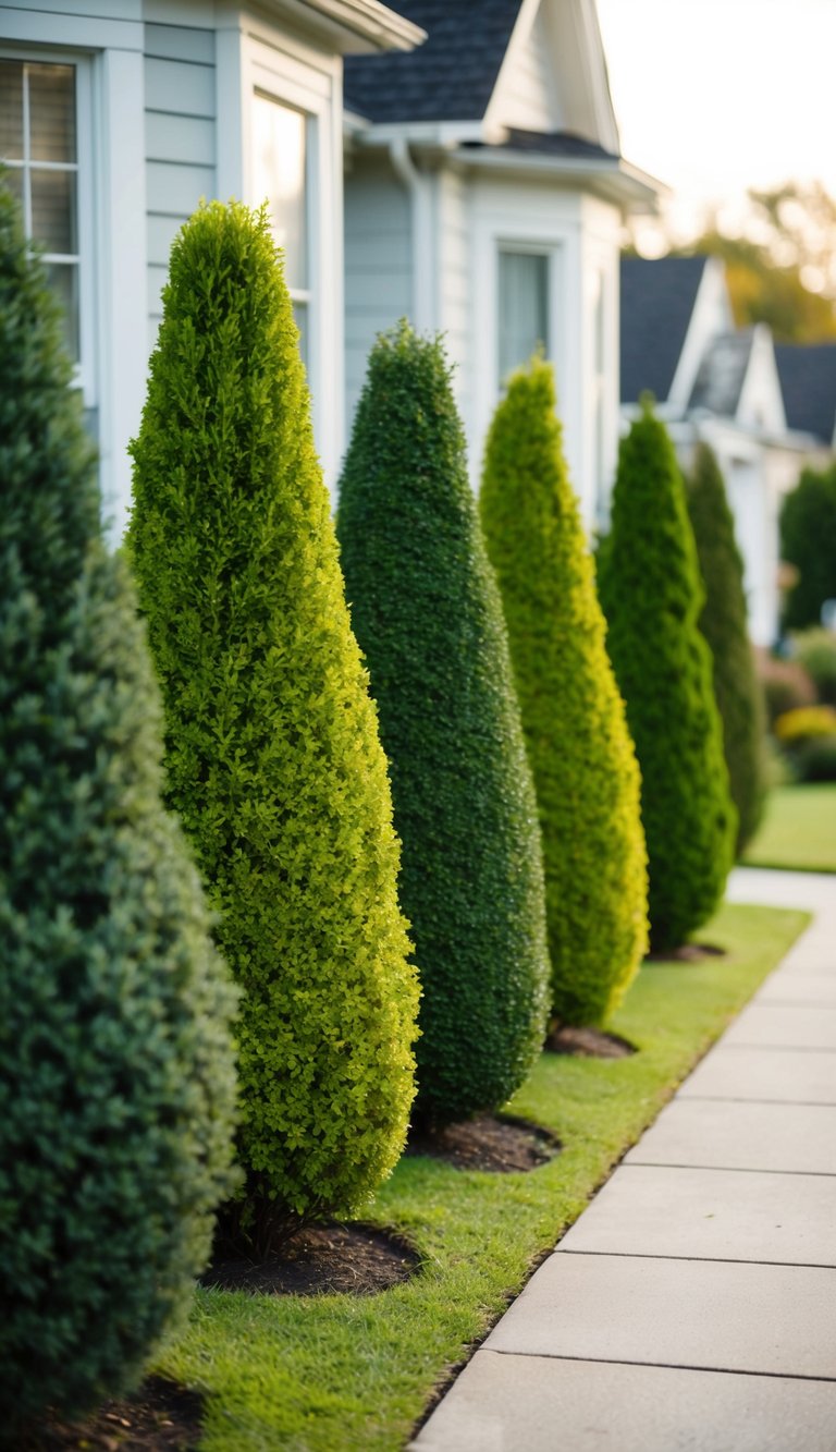 Five neatly trimmed shrubs line the front of a quaint house, varying in height and color, adding a touch of natural beauty to the landscape