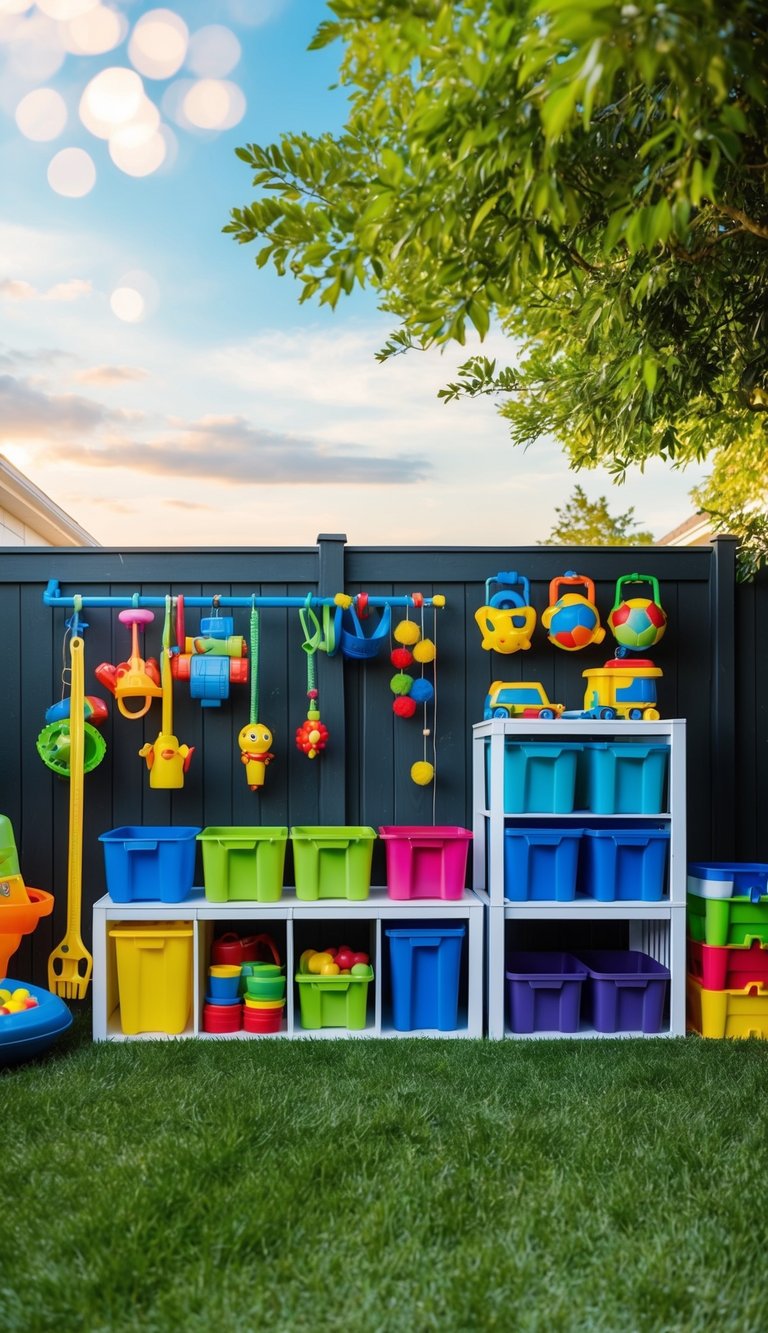 A backyard with a variety of storage solutions for outdoor toys, including bins, shelves, and hanging organizers