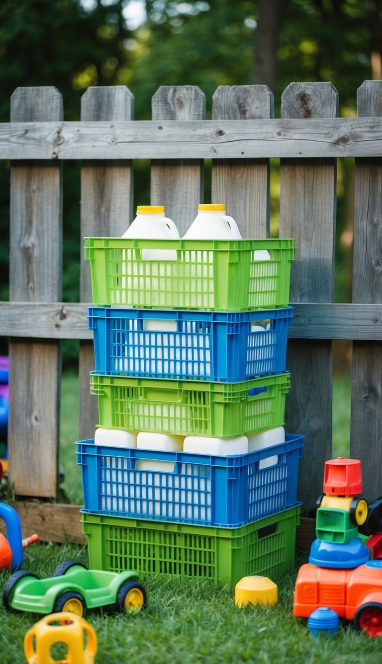 Milk crates stacked on a weathered wooden fence, surrounded by scattered outdoor toys and equipment