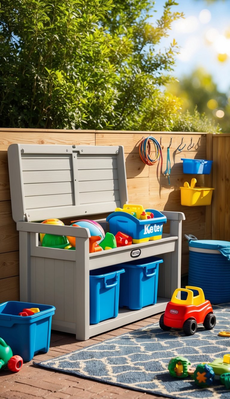 A sunny backyard with a Keter Solana Storage Bench filled with outdoor toys. Nearby are bins, shelves, and hooks for additional storage