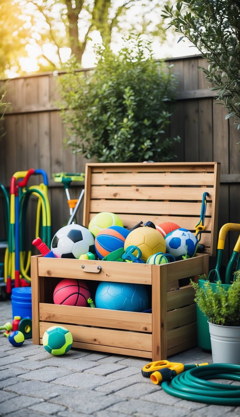 A wooden outdoor storage box filled with various toys and sports equipment, surrounded by a neatly organized outdoor space with a garden hose and gardening tools nearby