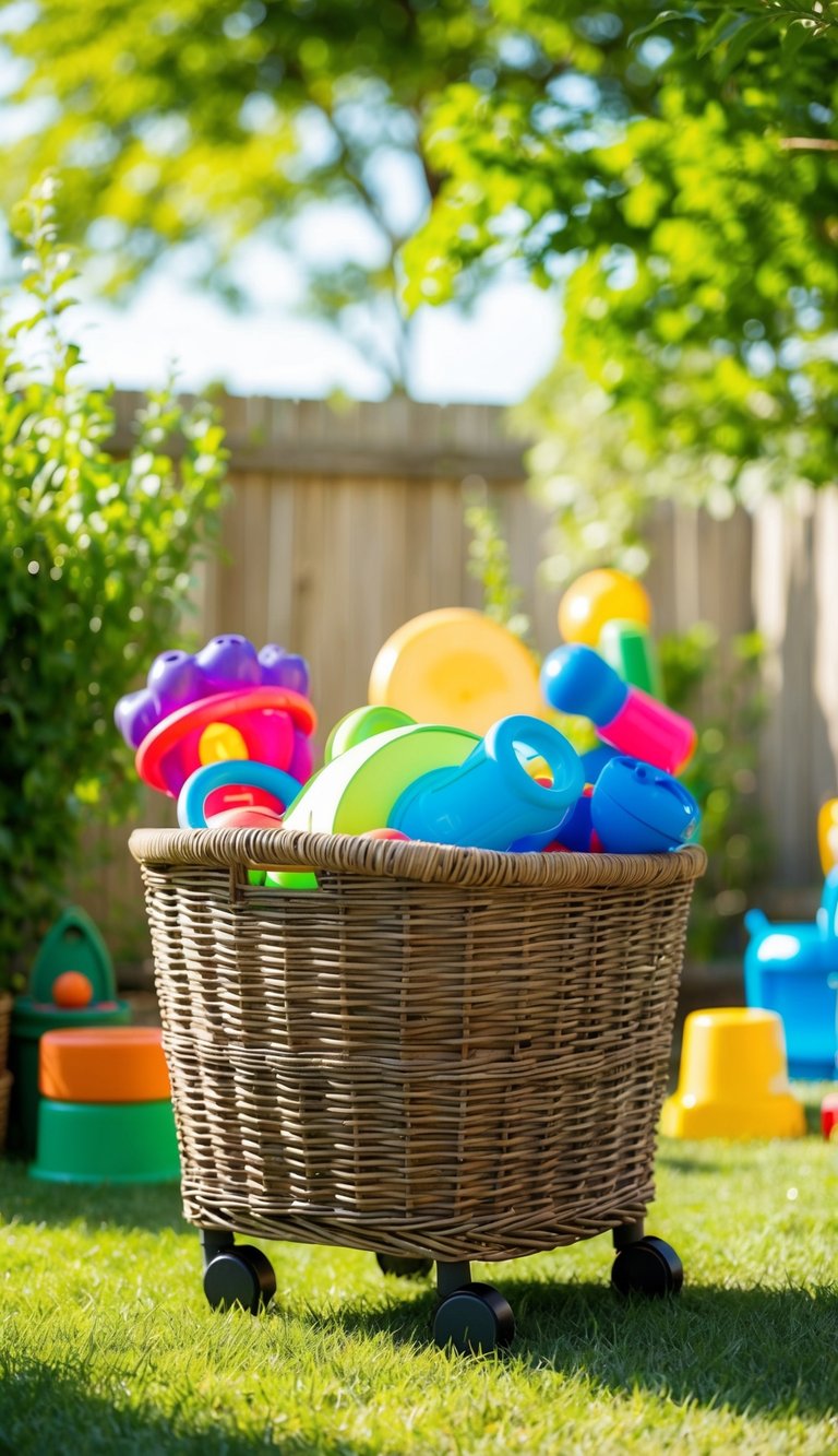 A wicker storage bin on wheels sits in a backyard, filled with outdoor toys. Sunshine and greenery surround it, creating a cheerful and organized outdoor play area