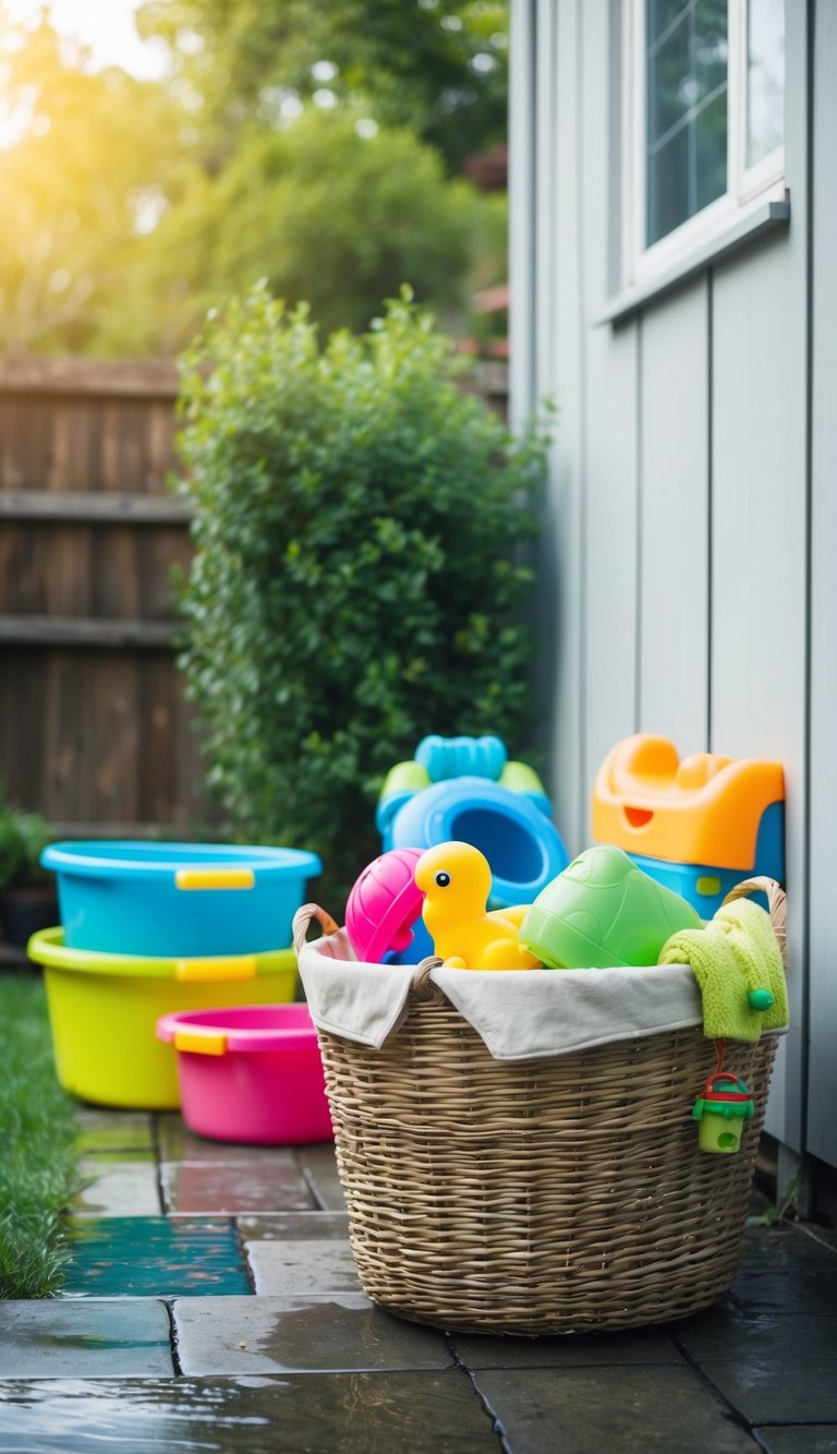 A laundry basket sits in a backyard, filled with wet toys. Nearby are various outdoor storage ideas for toys