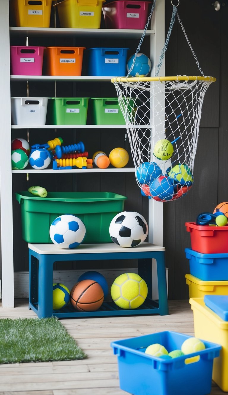 Toys neatly arranged in labeled bins on shelves, a durable outdoor storage bench filled with sports equipment, and a hanging net for balls and other larger items