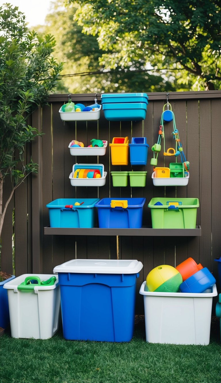 A backyard with a variety of outdoor toy storage solutions, including bins, shelves, and hanging organizers, neatly arranged and labeled for easy access