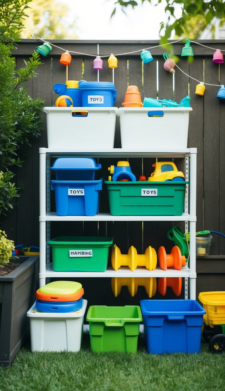 A backyard with various outdoor toy storage solutions, including shelves, bins, and hanging organizers, neatly arranged and labeled for easy access and maintenance